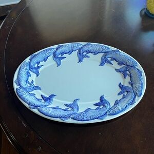 Large Ceramic Blue and White Hand Painted Fish Platter By Santos In Portugal